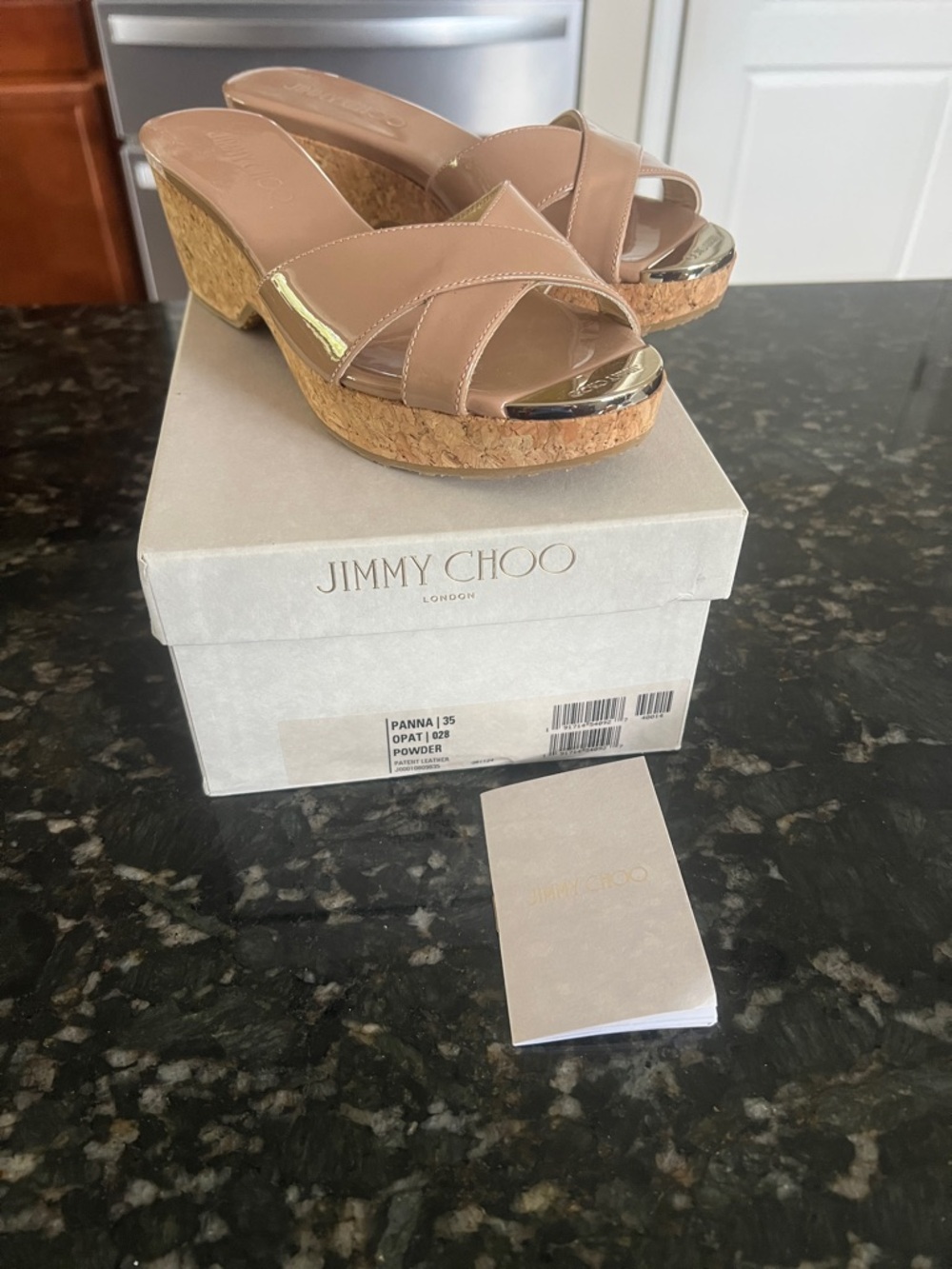 Jimmy Choo Powder Nude Cork Wedge Sandals with Gold Accents size 35